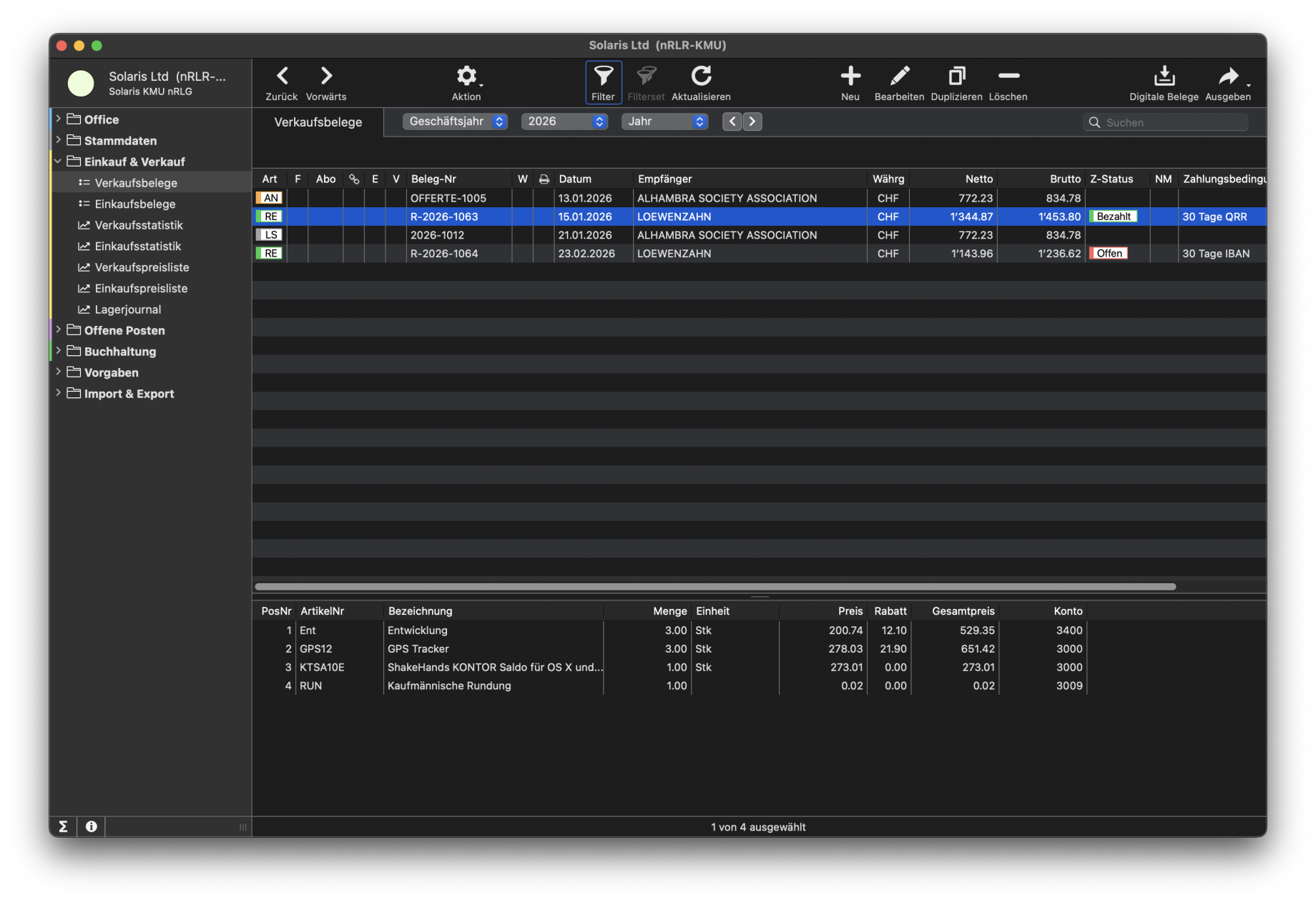 shakehands Kontor Verkaufsbelege Darkmodus
