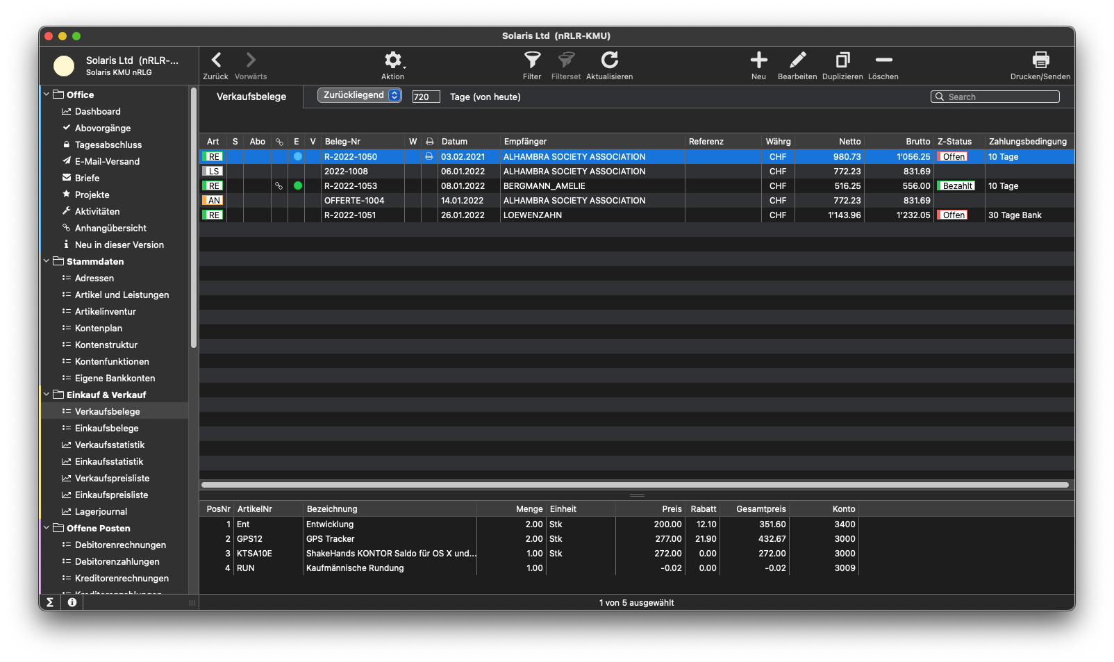 shakehands Kontor Verkaufsbelege Darkmodus