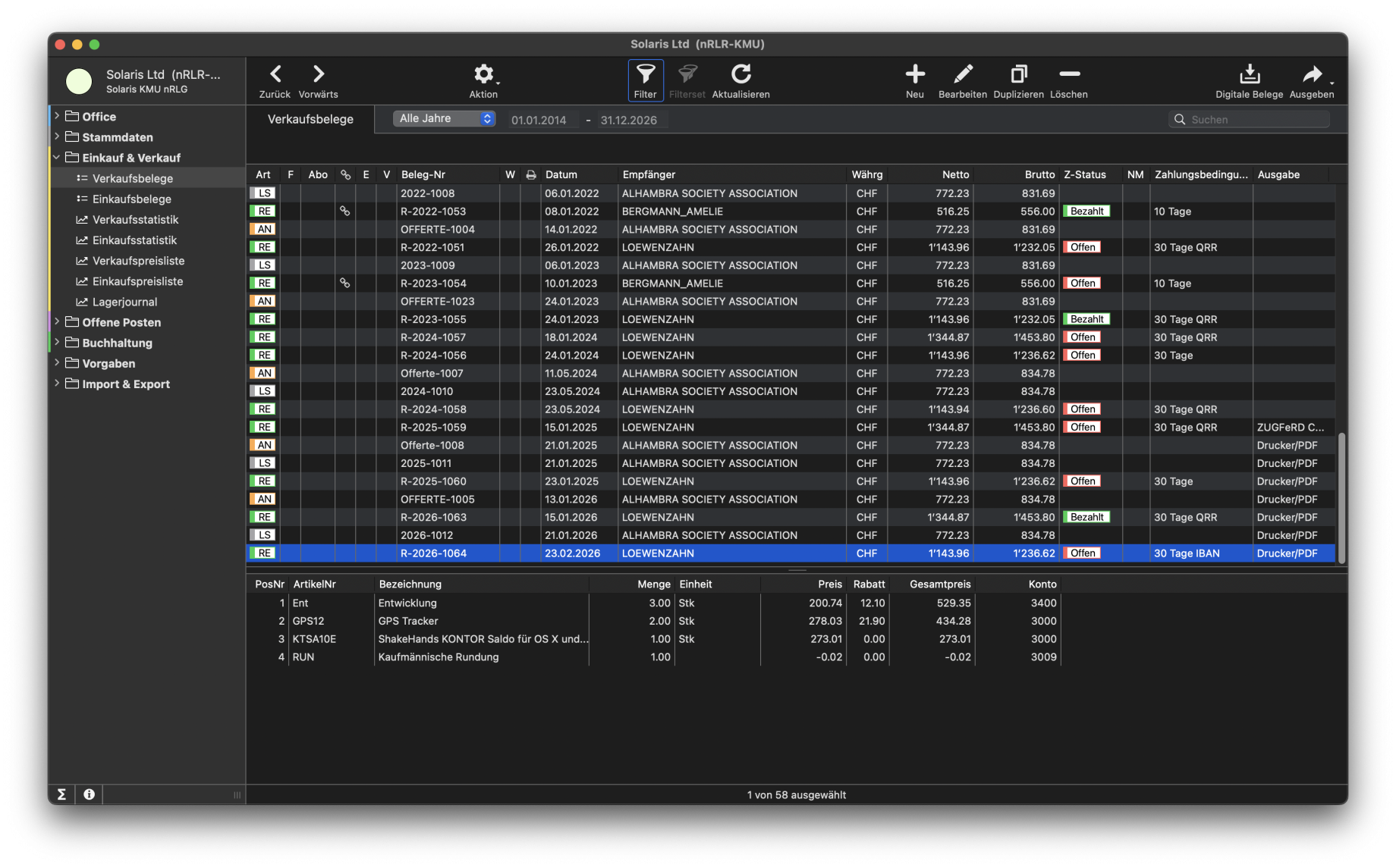 shakehands Kontor Verkaufsbelege Darkmodus