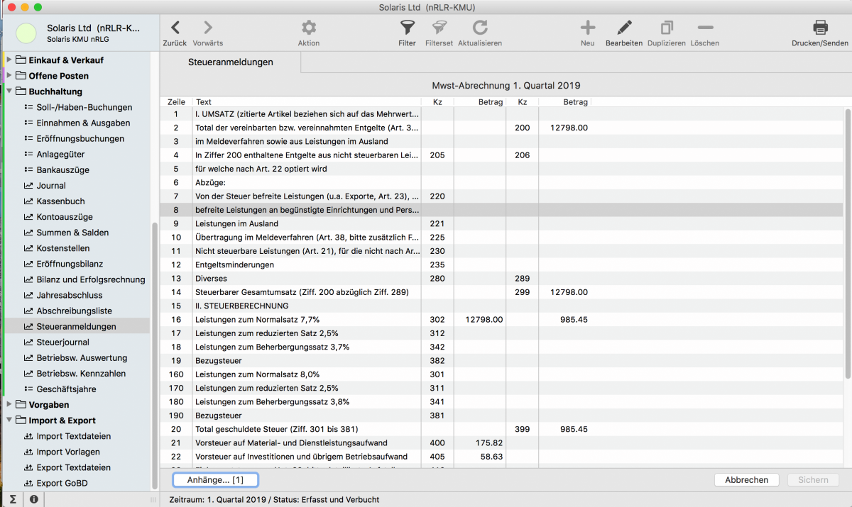 Steuerabrechnung, Steuerjournal, eIAM-Zugang, XML-MwSt-Abrechnung