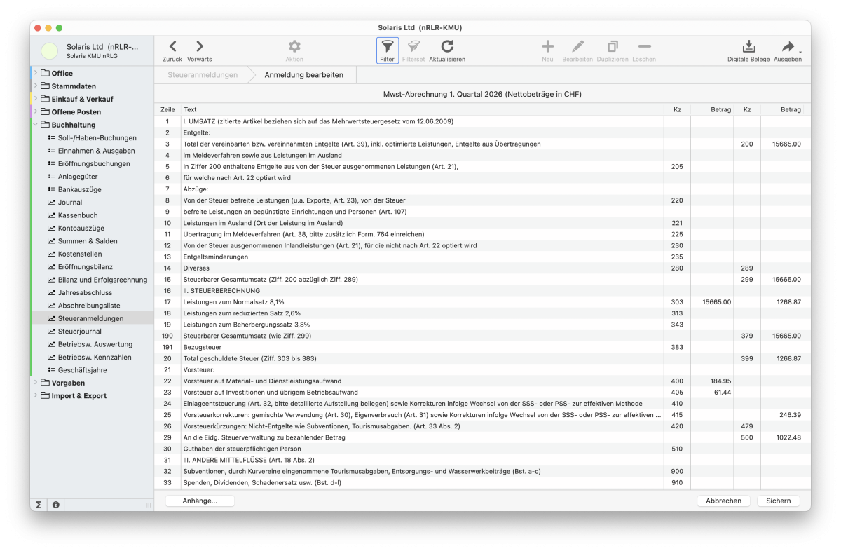 Steuerabrechnung, Steuerjournal, eIAM-Zugang, XML-MwSt-Abrechnung