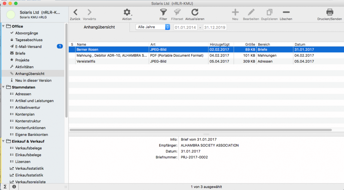 Liste digitale Anhänge der Anhangübersicht