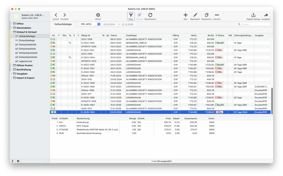 Verkaufliste mit Abo und erzeugtem Abobeleg