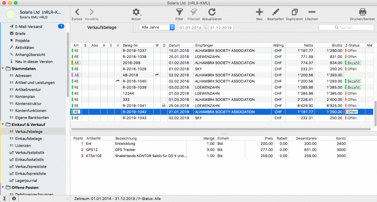 Verkaufliste mit Abo und erzeugtem Abobeleg